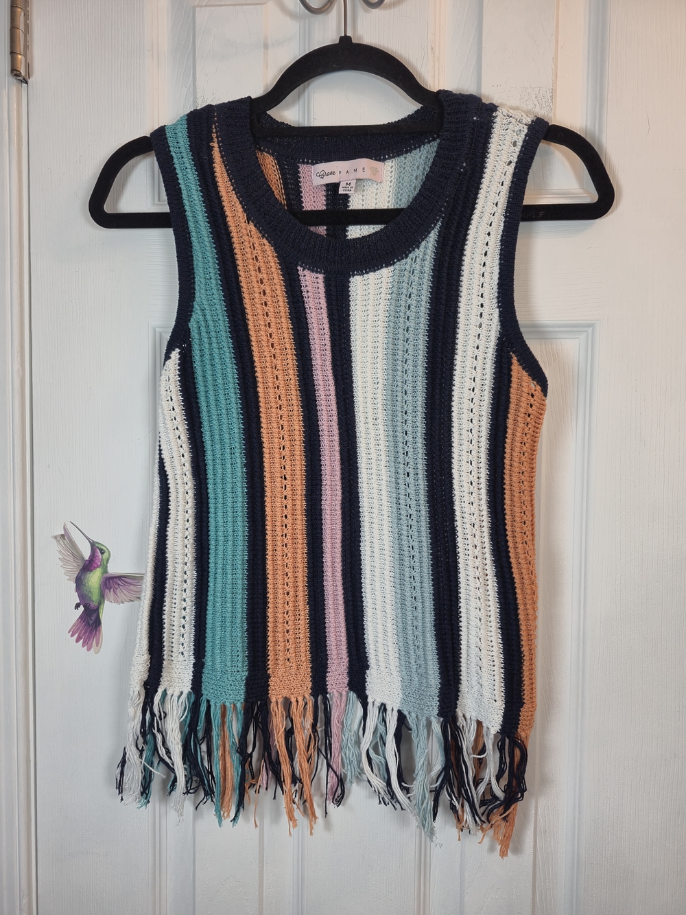 Crave Fame Vertical Stripe Knit Fringe Hem Tank Top Vest M